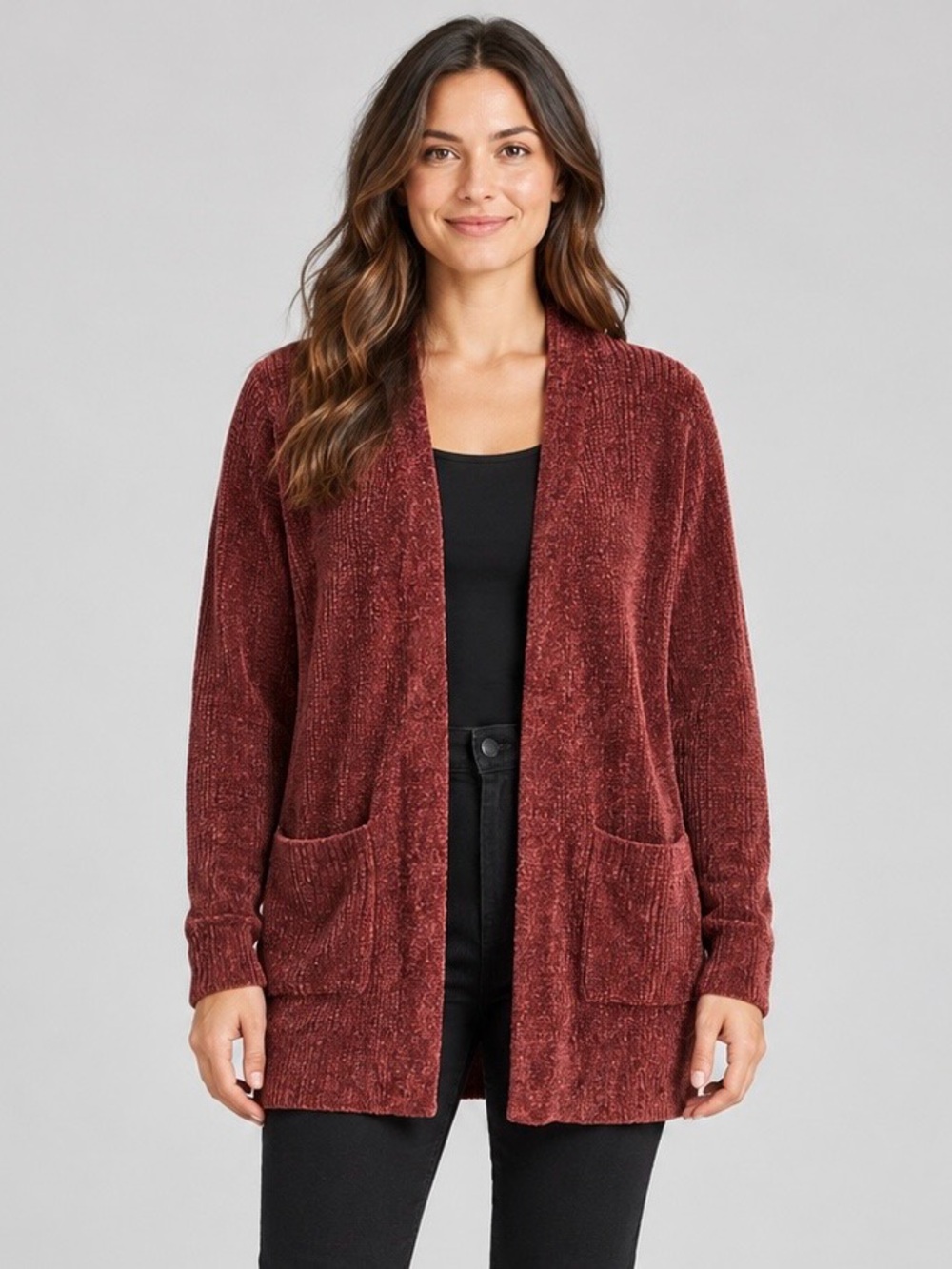 Matty M Open-Front Chenille Cardigan in Rust